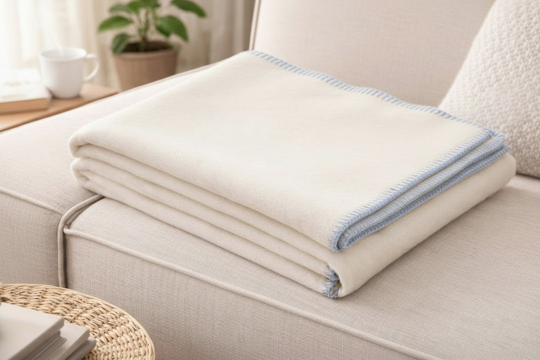 Plaid di pura lana invernale bianco con bordo azzurro