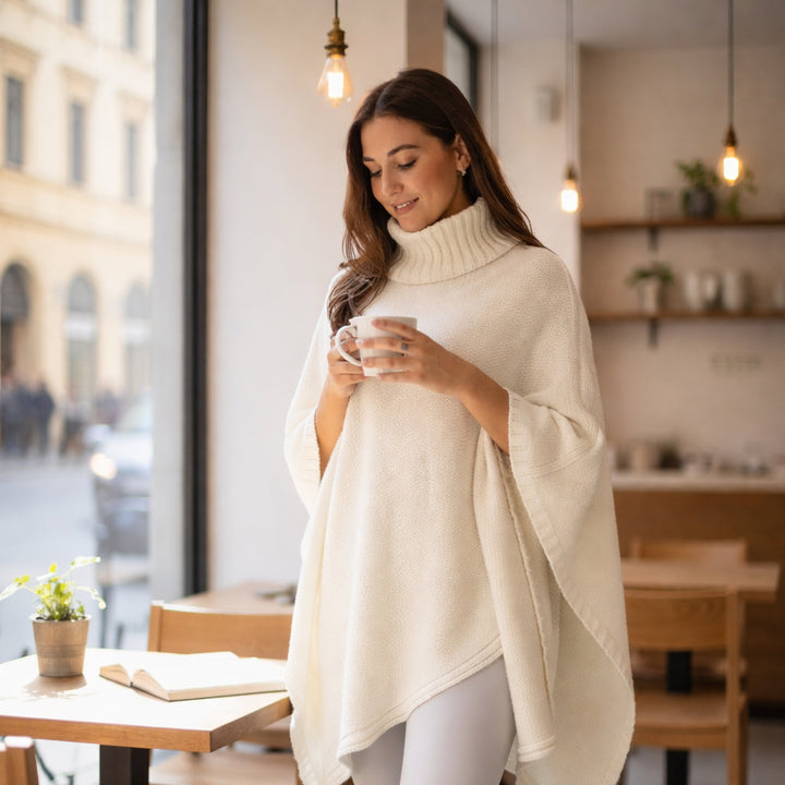 Poncho di maglia di cashmere con bordo colore bianco