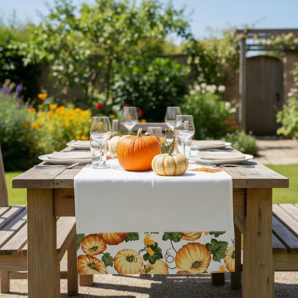 Runner da tavolo in cotone bianco con balza con zucche